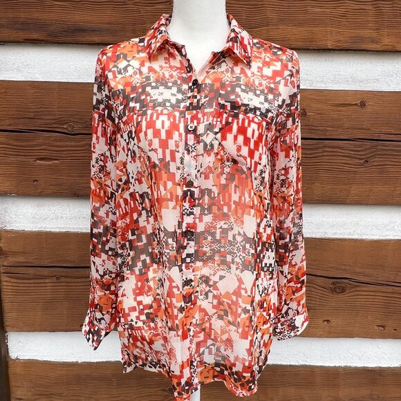 J. JILL Tribal, Geometric, Aztec Button-up Blouse. Orange, Brown Shirt Small S - Picture 2 of 8
